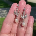 Vintage Silver Paste Pearl Bird Earrings